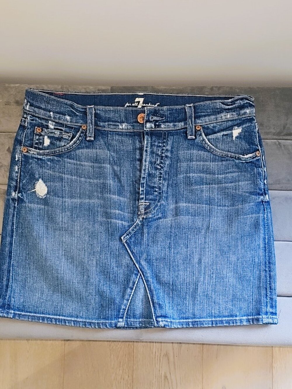 7 For All Mankind Distressed Denim Mini Skirt | Size 26 (Fits Medium) like New